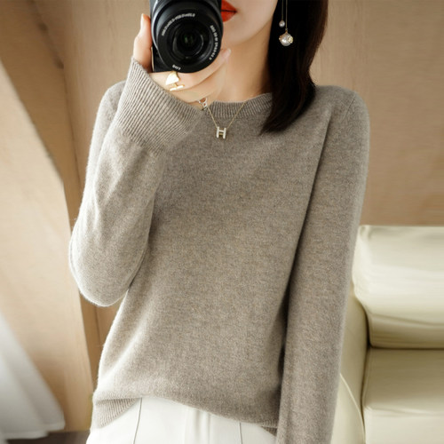 福利款！秋季圆领毛衣女修身套头针织衫羊绒内搭长袖打底上衣