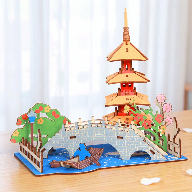 春塔木质3D立体拼图古塔小桥流水场景手工DIY益智玩具模型