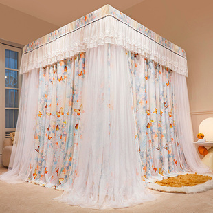 豪华加厚双杆双层遮光床幔蚊帐床帘一体家用挡风保暖印花布公主风
