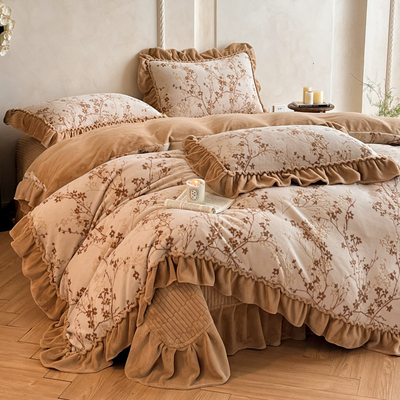 新款牛奶绒烂花轻奢法式花边床盖床单款四件套加厚珊瑚绒被套枕套,床上用品,床品套件/四件套/多件套,淘宝优惠券,粉丝福利购,淘宝优惠卷
