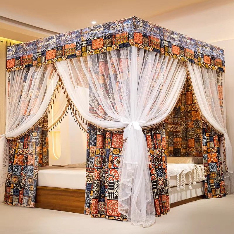 双层蚊帐带防尘顶公主风遮光挡风床帘加厚床幔隐私宫廷落地带支架