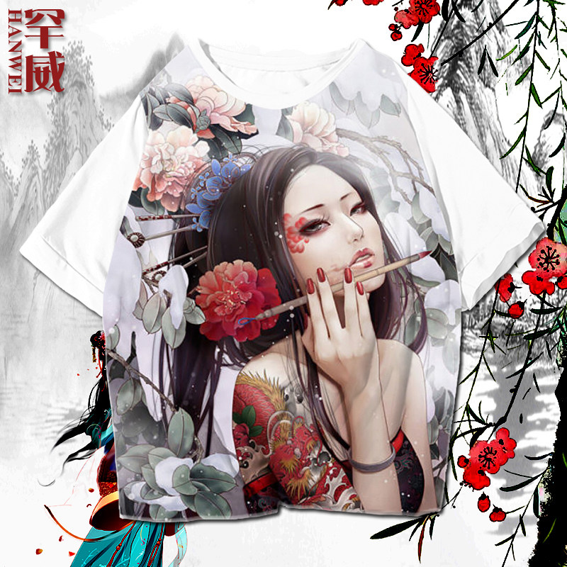 中国风古风美女文身T恤短袖男女速干半袖创意纹身上衣服夏体恤衫