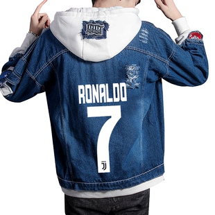 C罗葡萄牙皇马球衣7号cr7牛仔外套男女连帽夹克帽衫衣服