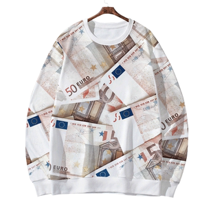 美元欧元英镑货币钞票金钱图案创意趣味圆领卫衣套头男女长袖衣服