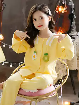 Girls Spring and Autumn Cotton Children's Pajamas Middle Children Long Sleeved Home Clothes Set Girls Princess Summer Air Conditioning Clothing