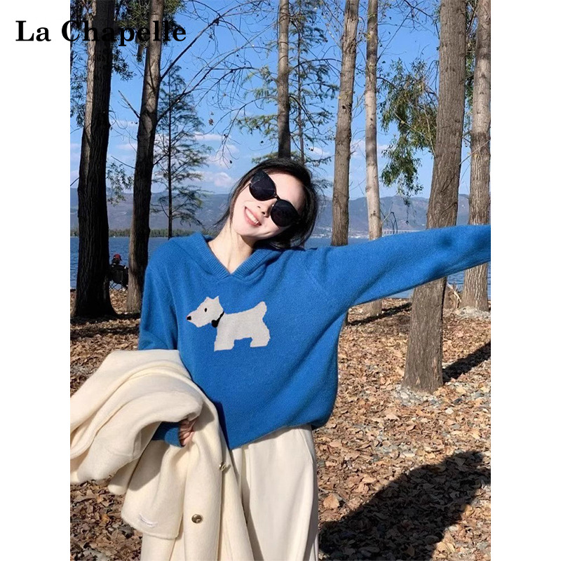 拉夏贝尔克莱因蓝连帽针织衫女秋冬新款小狗印花设计减龄长袖上衣