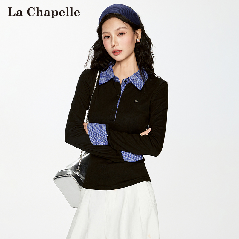 【活动价】拉夏贝尔长袖T恤女2025春季新款撞色设计感翻领长袖显瘦收腰上衣