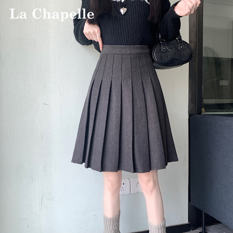 拉夏贝尔灰色呢子百褶半身裙女