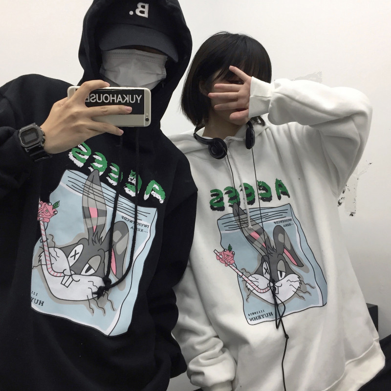 Real price ins retro childish cartoon rabbit print loose Plush hooded sweater for men and women