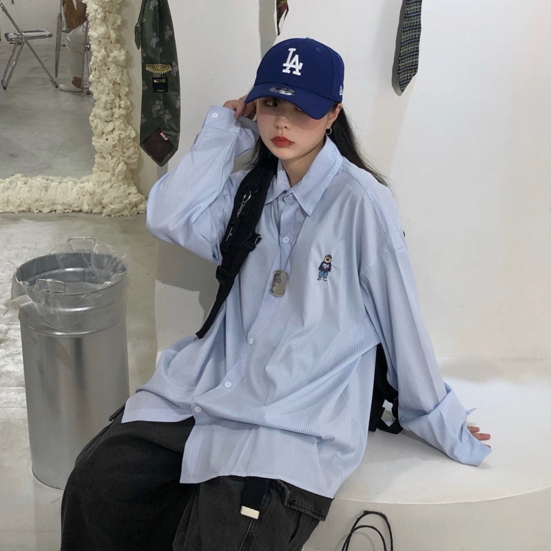 Korean retro children's Embroidery bear loose Long Sleeve Shirt Blouse