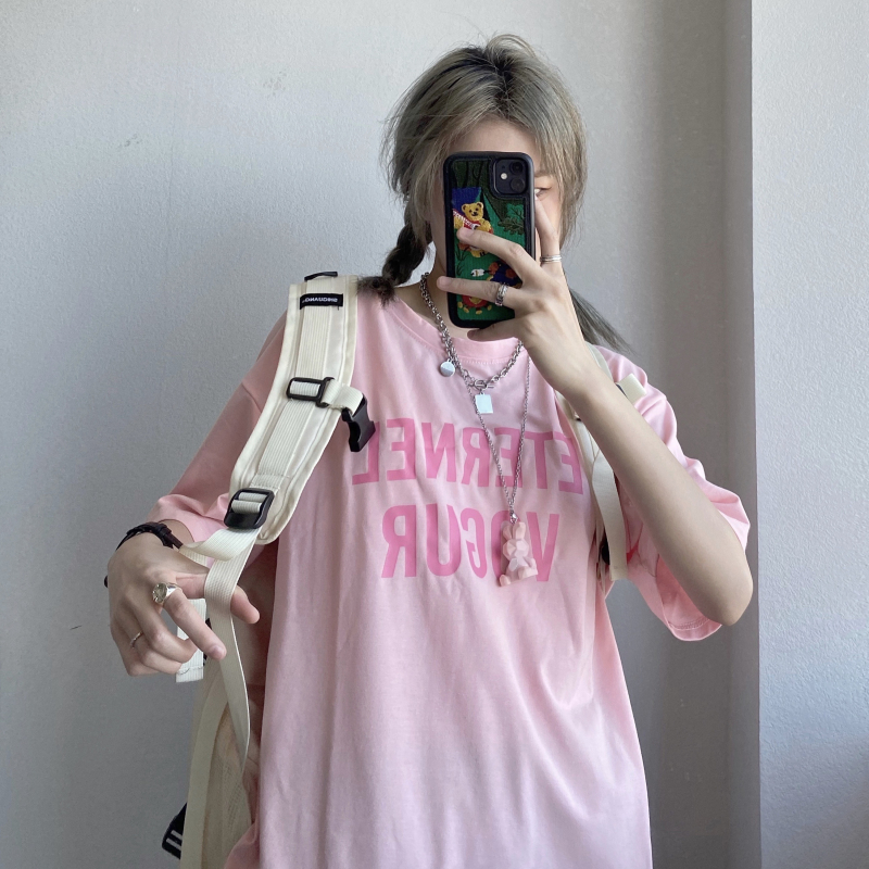 Real price summer Korean version Harajuku women's pink letter printing versatile loose short sleeve T-shirt top student girl trend