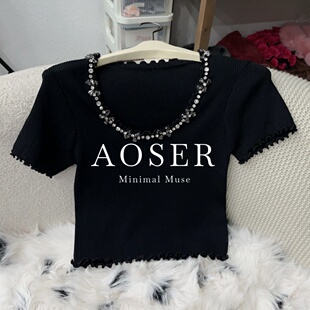 AOSER新款时尚气质百搭荷叶边水钻休闲显瘦日常风T恤611