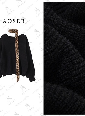 AOSER复古慵懒风韩版设计豹纹系带长袖女装毛针织衫25106
