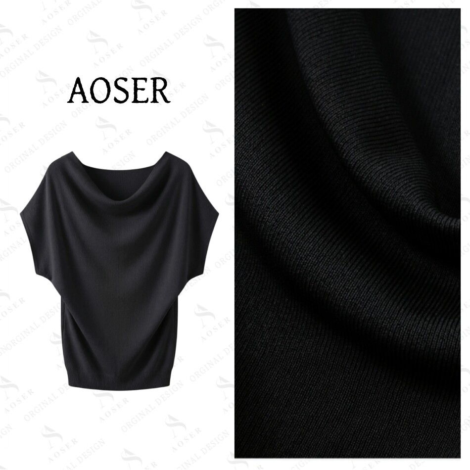 AOSER黑色荡领短袖针织衫女夏露肩褶皱修身通勤百搭气质上衣3301