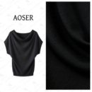 AOSER轻熟优雅风黑色荡领短袖针织衫女气质露肩褶皱上衣3301