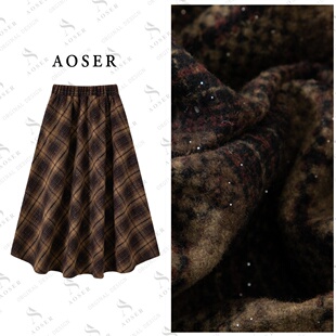 AOSER气质复古潮流细闪松紧带高腰时尚 3018 百搭半身裙秋冬女装