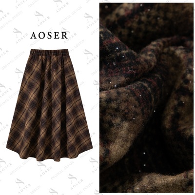 AOSER气质复古潮流细闪松紧带高腰时尚百搭半身裙秋冬女装3018