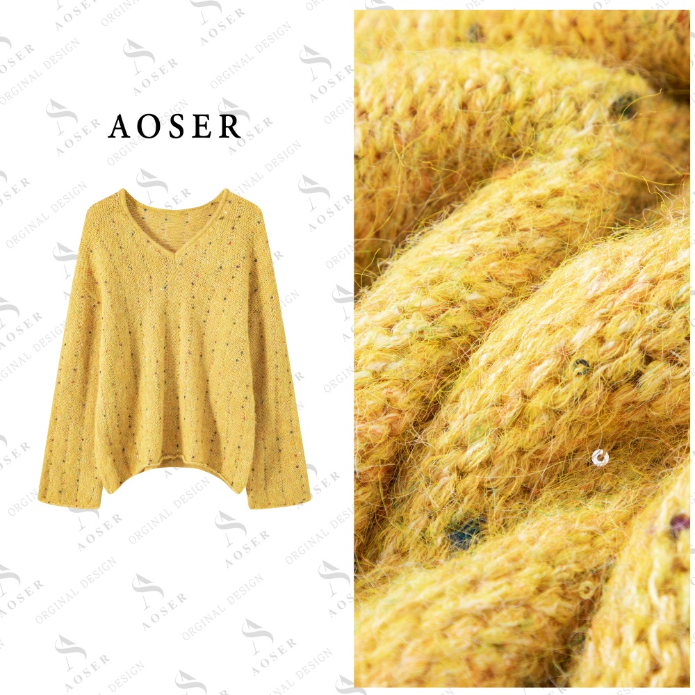 AOSER休闲极简风V领补花亮片长袖女装毛衣时尚百搭毛衣5233