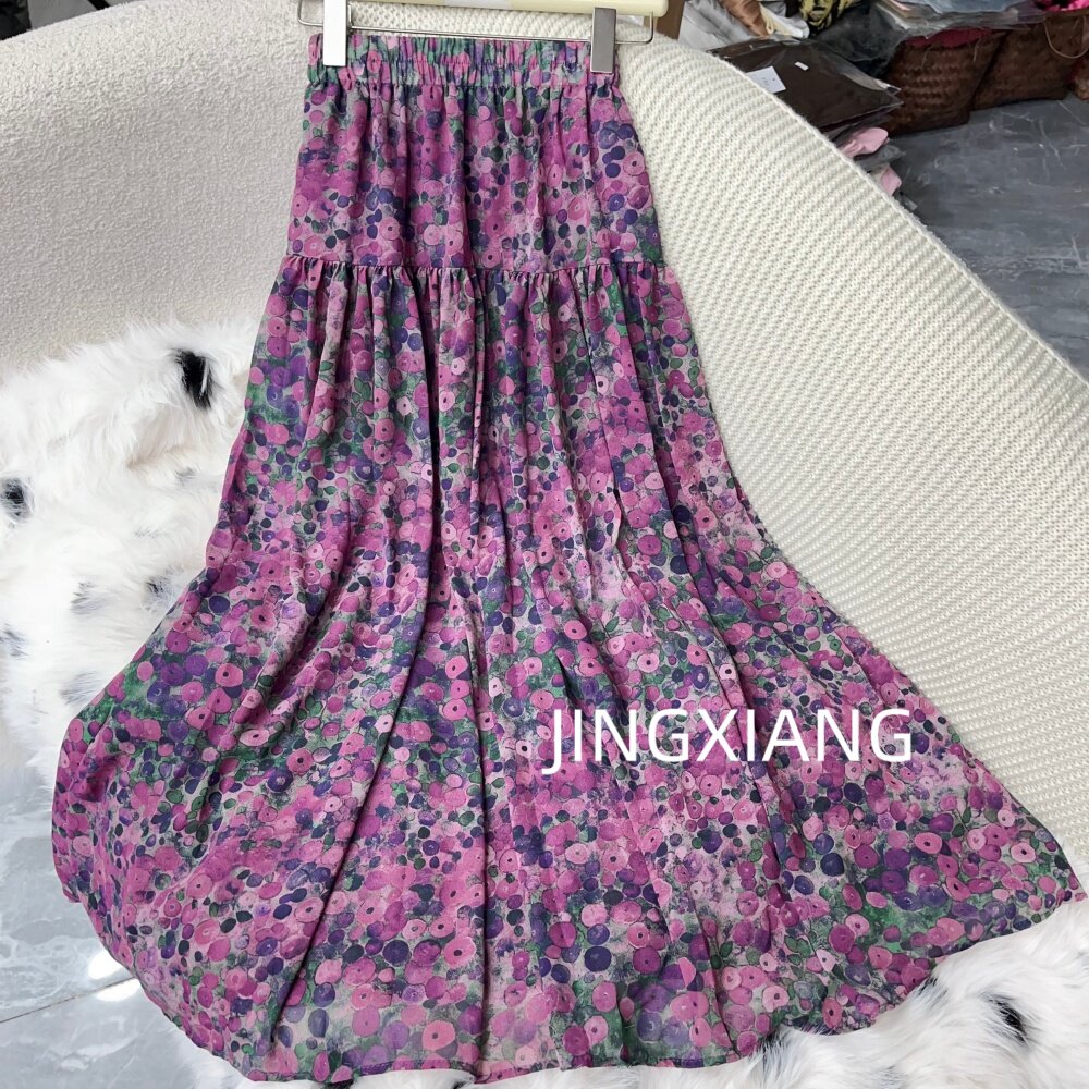 AOSER 时尚百搭清新风高腰A字碎花大摆显瘦半身裙女装百褶女装402