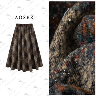 AOSER复古显瘦百搭时尚 803 带亮片格子气质高腰半身裙女装