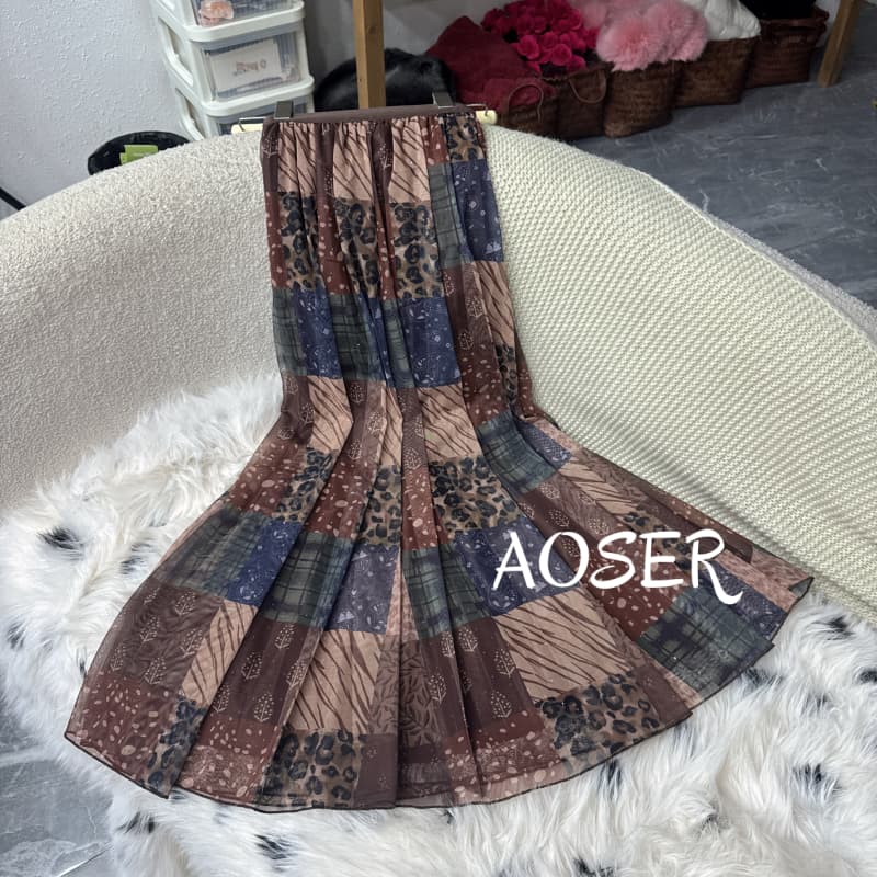 AOSER新款时尚气质显瘦遮胯垂感复古百搭碎花大摆半身裙9835