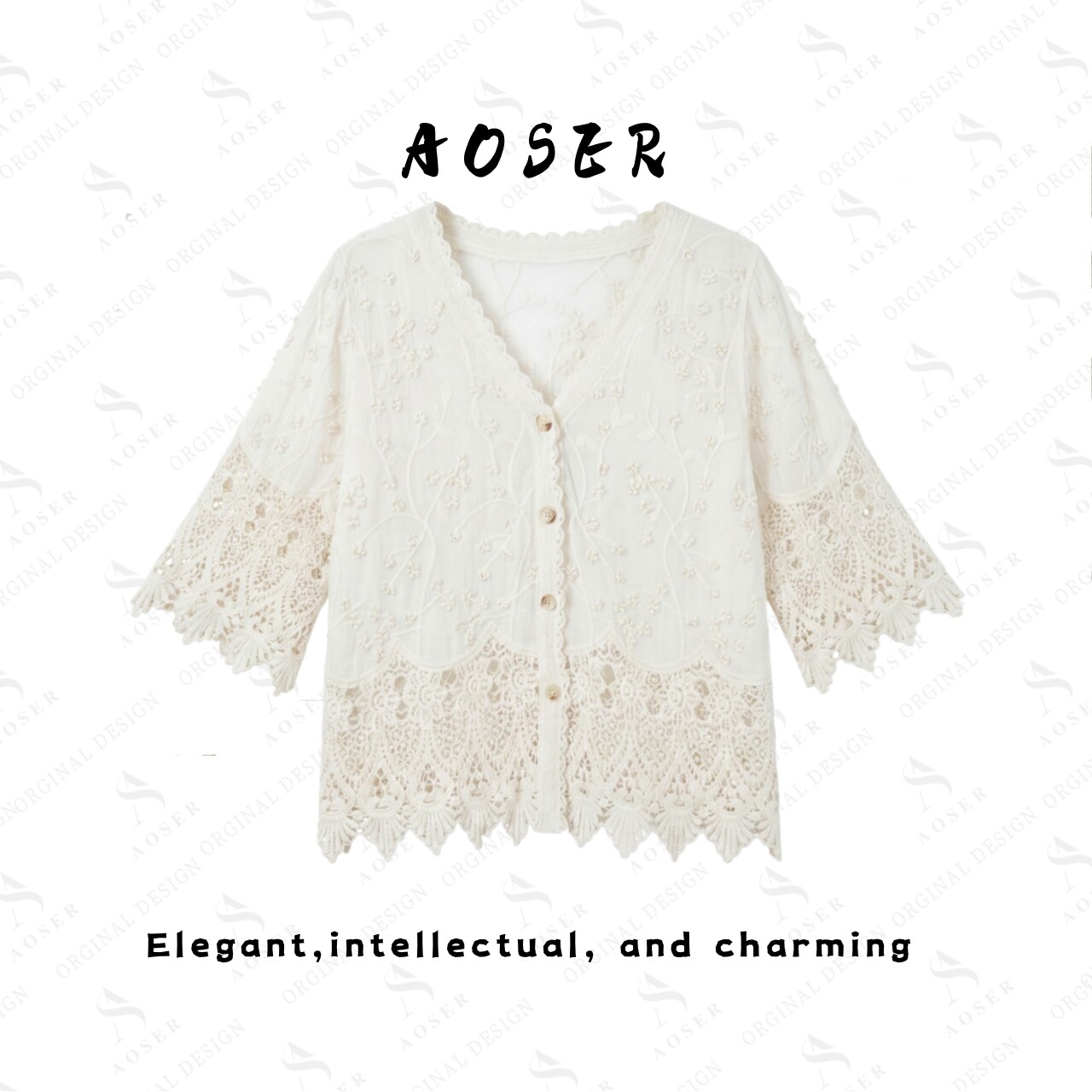 AOSER 法式新款镂空刺绣V领蕾丝防晒开衫女夏季宽松外搭上衣YZ989