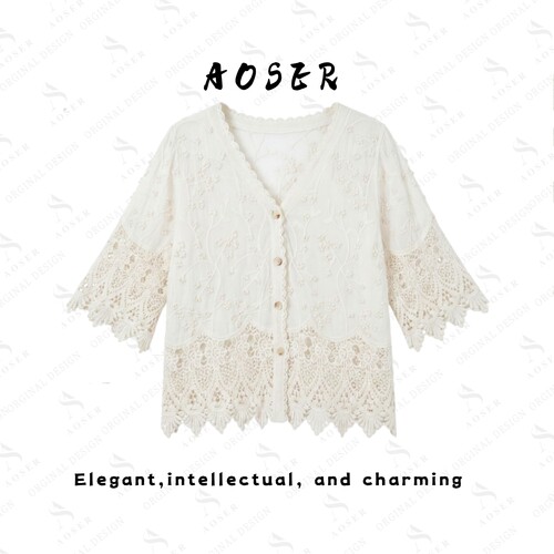 AOSER 法式新款镂空刺绣V领蕾丝防晒开衫女夏季宽松外搭上衣YZ989
