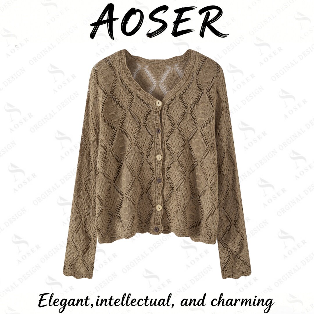 AOSER早秋新款时尚气质百搭宽松显瘦镂空V领针织开衫女装5218