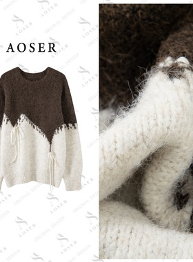 AOSER潮流时尚百搭休闲宽松圆领拼接毛衣女装25123