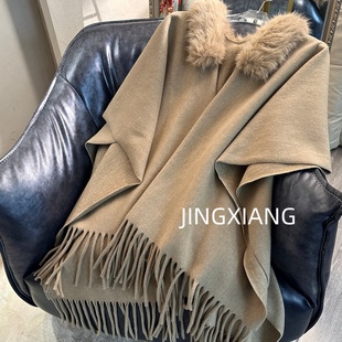 AOSER慵懒贵气千金感温柔女装 毛毛领斗篷流苏外套披肩7115