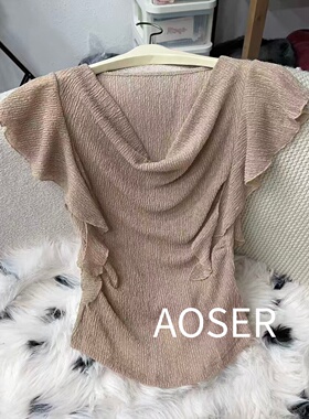 AOSER新款时尚显瘦百搭简约气质韩版荡领飘带短袖上衣6138