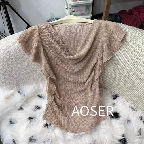 AOSER新款时尚显瘦百搭简约气质韩版荡领飘带短袖上衣6138