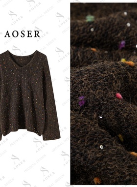 AOSER休闲极简风V领补花亮片长袖女装毛衣时尚百搭毛衣5233