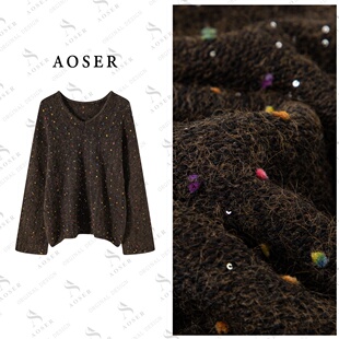 百搭毛衣5233 毛衣时尚 AOSER休闲极简风V领补花亮片长袖 女装