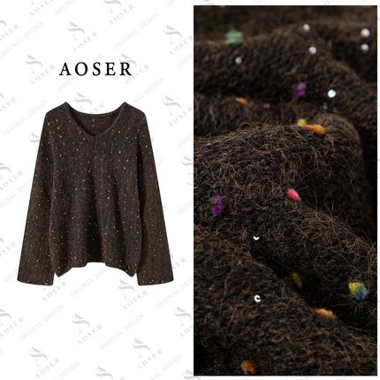 AOSER休闲极简风V领补花亮片长袖女装毛衣时尚百搭毛衣5233