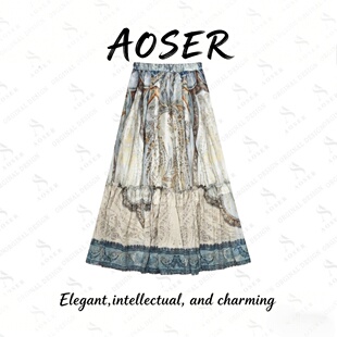 AOSER新款时尚印花半身裙女复古慵懒风显瘦气质中长裙松紧腰7001