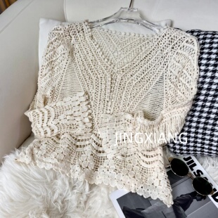 气质显瘦女装 AOSER镂空针织衫 时尚 新款 2166 手工棉线钩花夏季