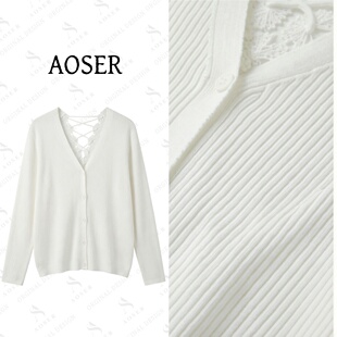 上衣9029 V领纽扣长袖 AOSER温柔韩系风木耳边针织开衫 女薄款