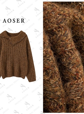 AOSER时尚宽松百搭网红显瘦翻领镶钻款套头针织衫女装2619