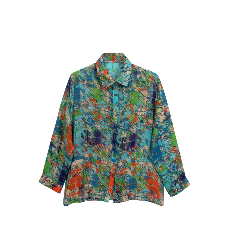 花衬衫翻领印染时尚复古港风宽松显瘦女装长袖衬衬衫1088