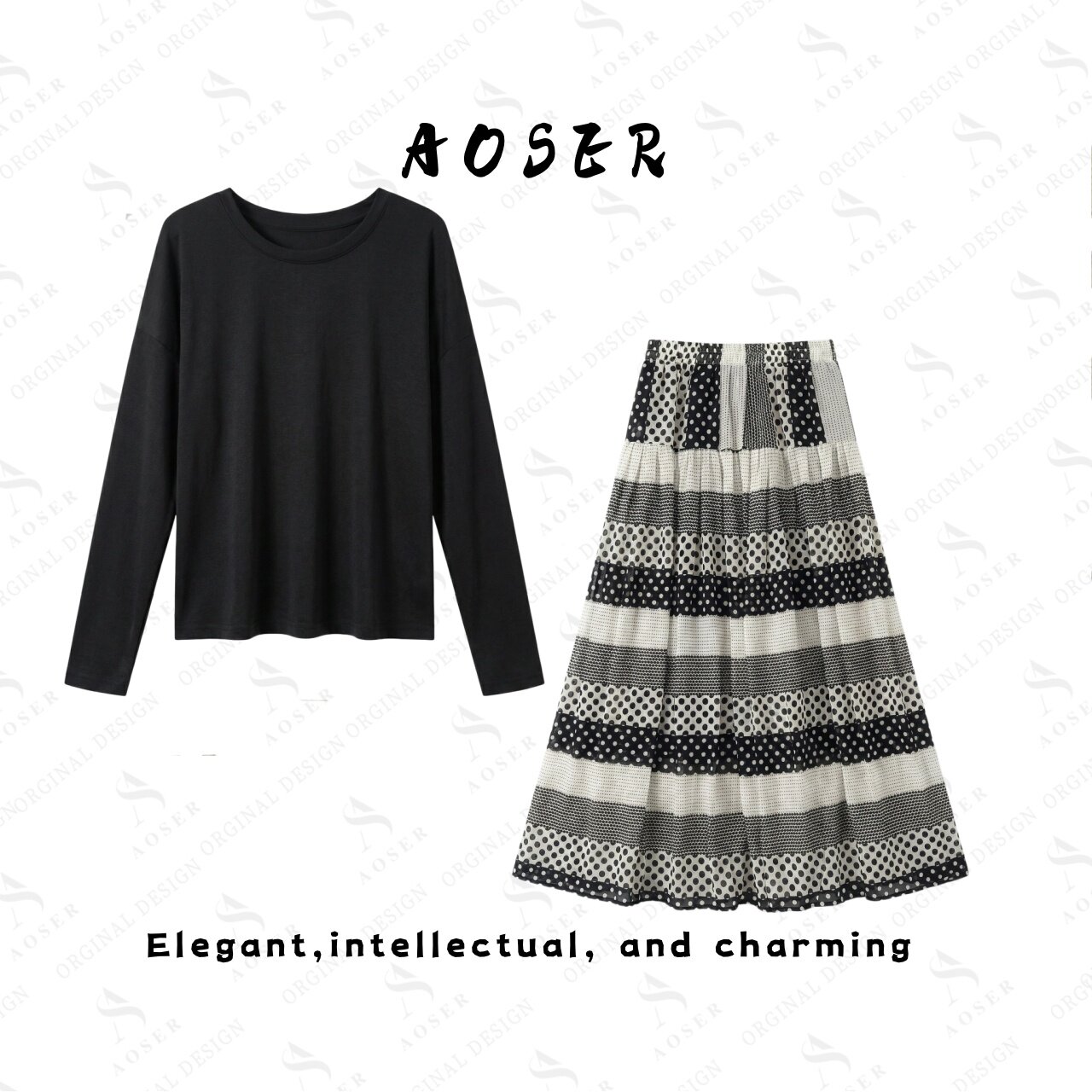 AOSER黑色长袖T恤波点条纹大摆半身裙两件套松弛感通勤女装26003