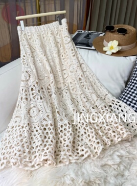 AOSER 时尚百搭显瘦重工钩花镂空简约大摆裙高腰A字裙半身裙2129