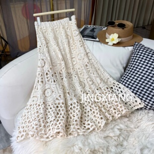 AOSER 百搭显瘦重工钩花镂空简约大摆裙高腰A字裙半身裙2129 时尚