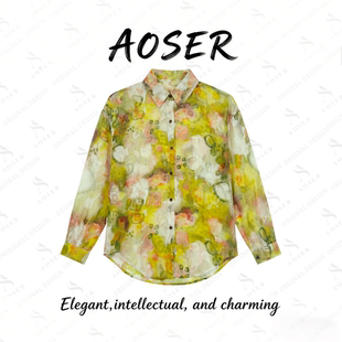 AOSER时尚气质休闲复古港风印花宽松长袖衬衫女式百搭显瘦洋气208