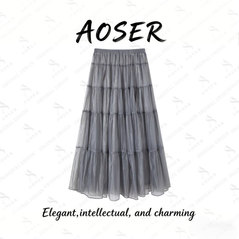 AOSER【厚】新款中腰显瘦百搭简约加厚网纱A字温柔半身裙98112