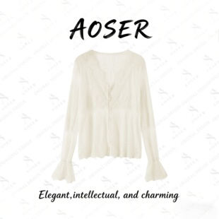AOSER 时尚气质花瓣袖蕾丝衫打底长袖显瘦镂空上衣简约百搭6133
