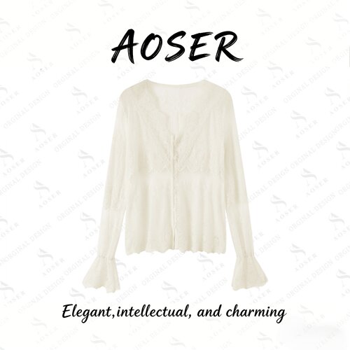 AOSER花瓣袖蕾丝衫显瘦镂空长袖