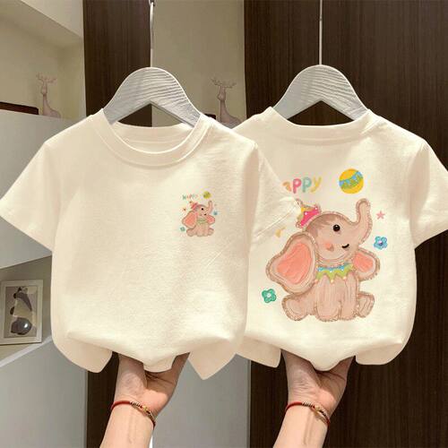 儿童杏色短袖夏季纯棉卡