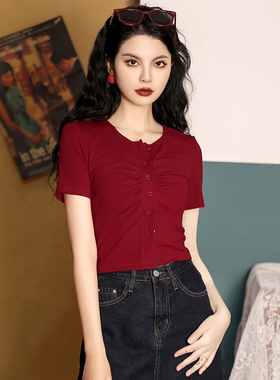 纯欲穿搭~港风复古夏季短袖V领明黄色短款显瘦女款针织小衬衫上衣