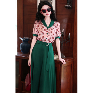 a字高腰显瘦半身裙套装 上衣 港风复古翻领气质撞色印花衬衫 森林